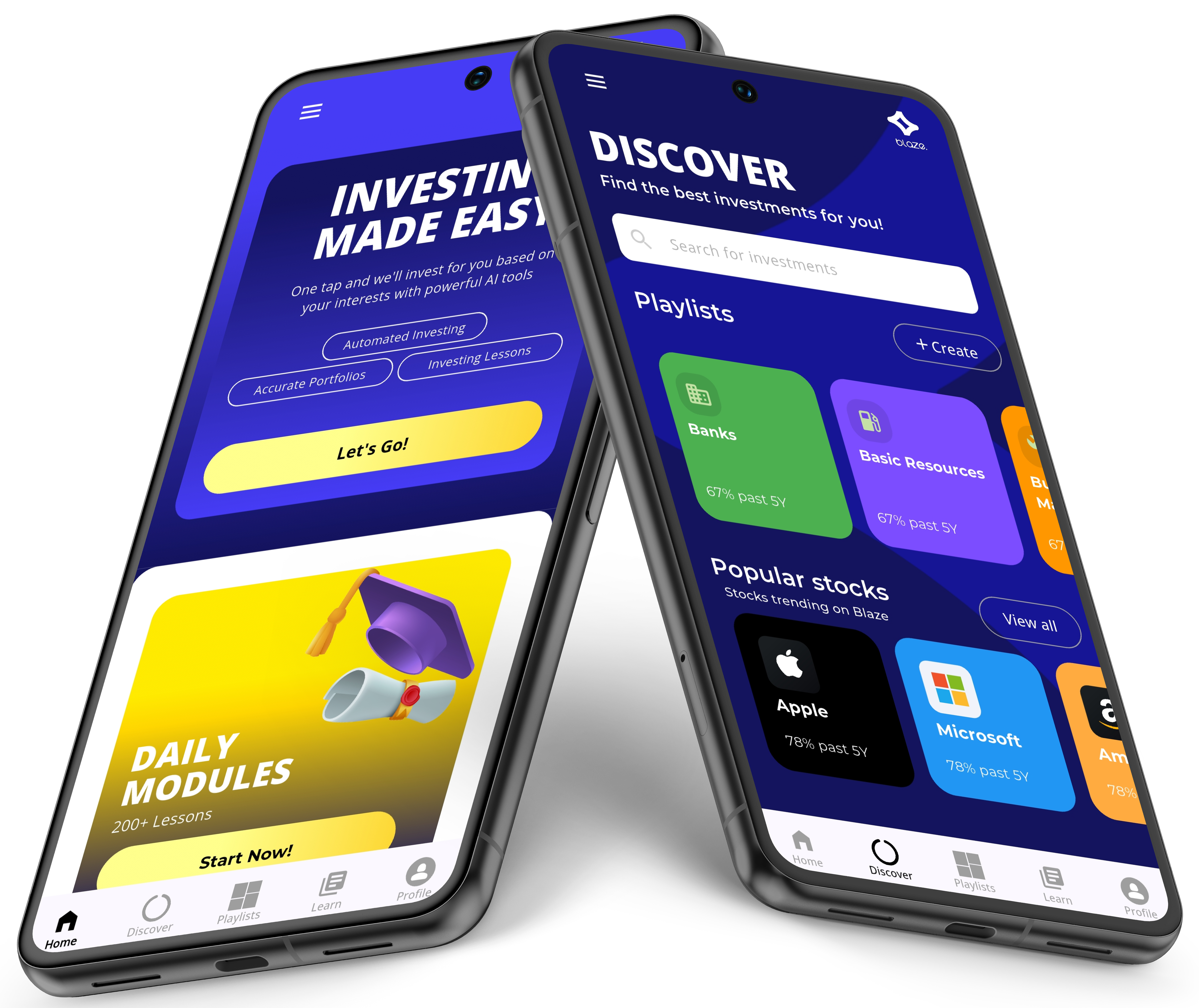 Blaze-AI mobile app showing home and trading screens
